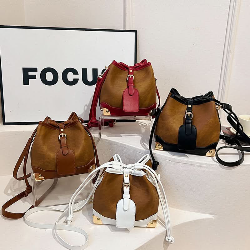 Women's PU Leather Bucket Bag – Stylish Shoulder Bag with Drawstring Closure