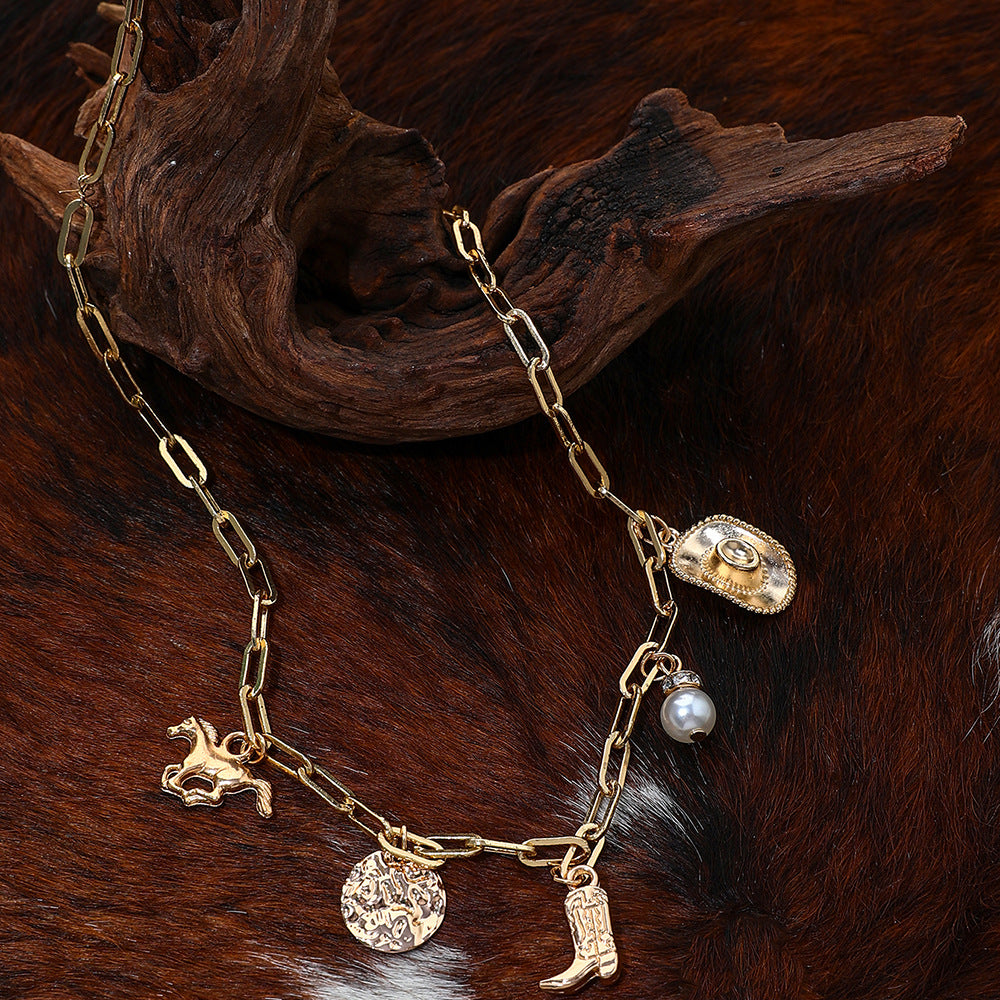 Retro Cowboy Hat & Boots Pendant Necklace – Western Style Pearl Chain for Women