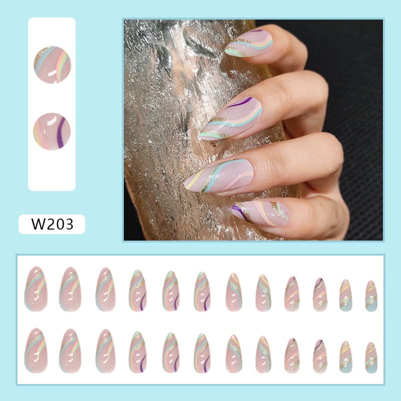 Multi-Color Ripple Shiny Gold Powder False Nails – 24-Piece Set