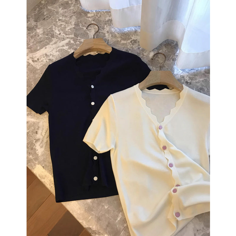 Women's Korean Style V-Neck Knit Cardigan – Elegant Short-Sleeve Button-Down, Wave Edge Trim