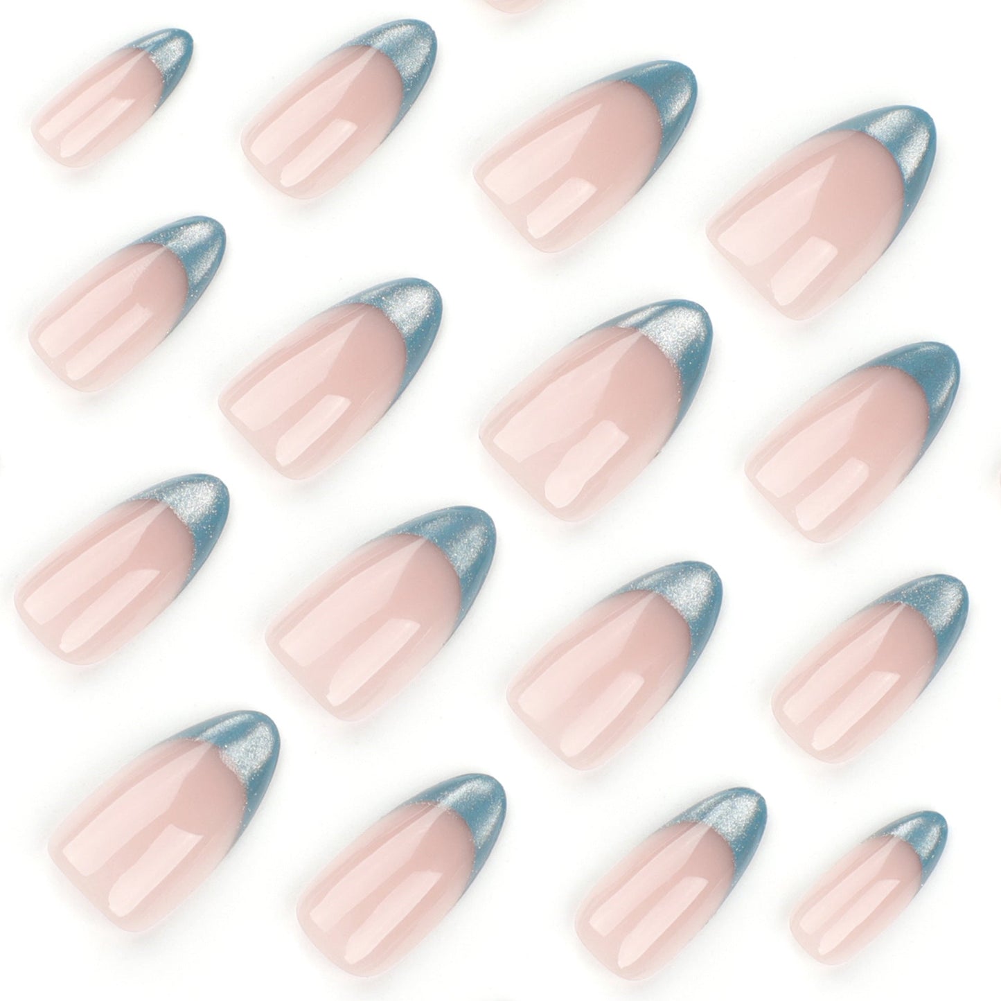 Cat Eye Teal French Tip Press-On Nails – Almond Shape, Shimmery Gradient Nails
