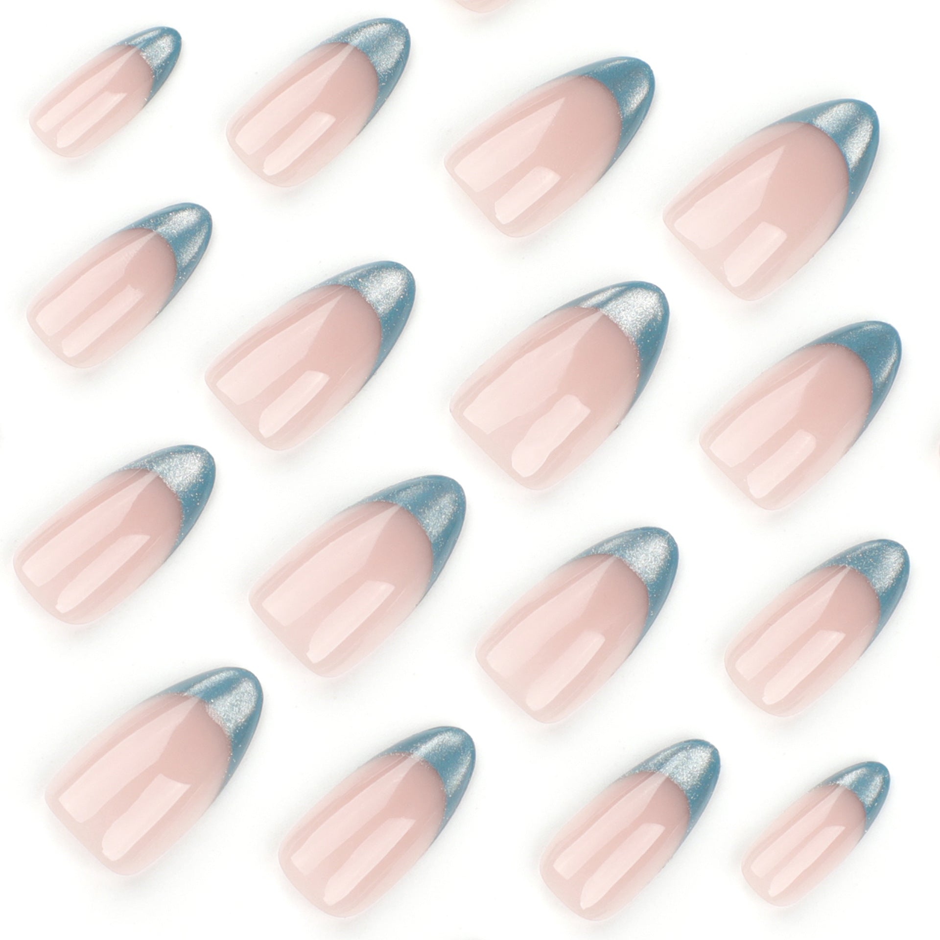 Cat Eye Teal French Tip Press-On Nails – Almond Shape, Shimmery Gradient Nails