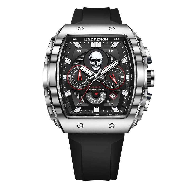 Men’s Skull Dial Quartz Watch – Luminous Barrel-Style Timepiece