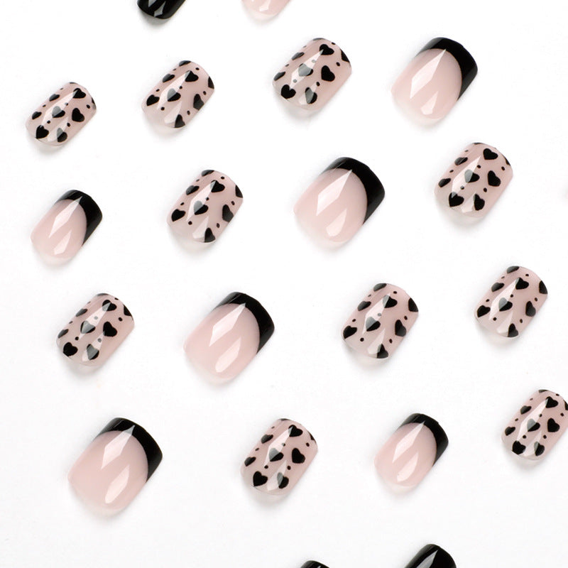 Black French Tip Press-On Nails with Heart Design – Square Glue-On Nail Art