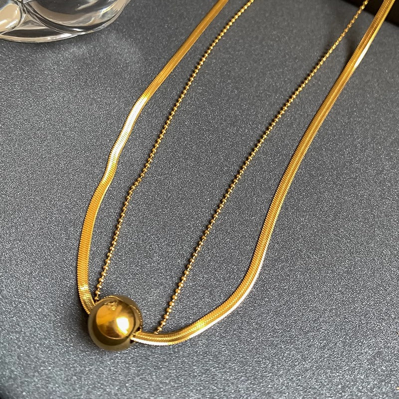 Double Layer Titanium Steel Necklace – Elegant Ball Pendant Clavicle Chain for Women