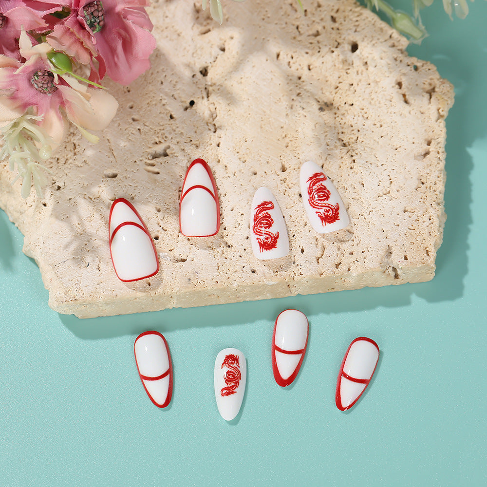 Lucky Dragon Red & White Almond Press-On Nails – Bold Festive Design