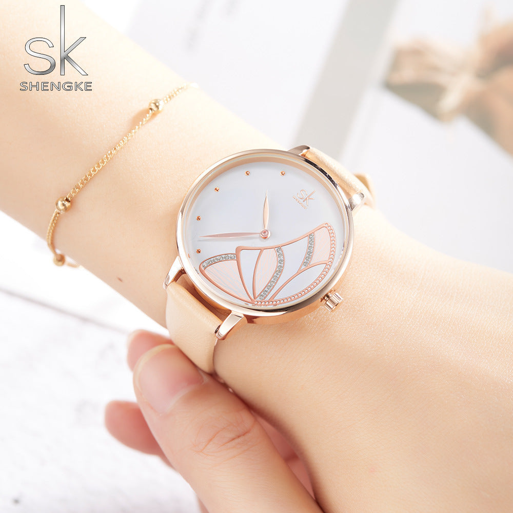 SK Women’s Quartz Watch – Butterfly Dial with Diamond Accents, Leather Strap