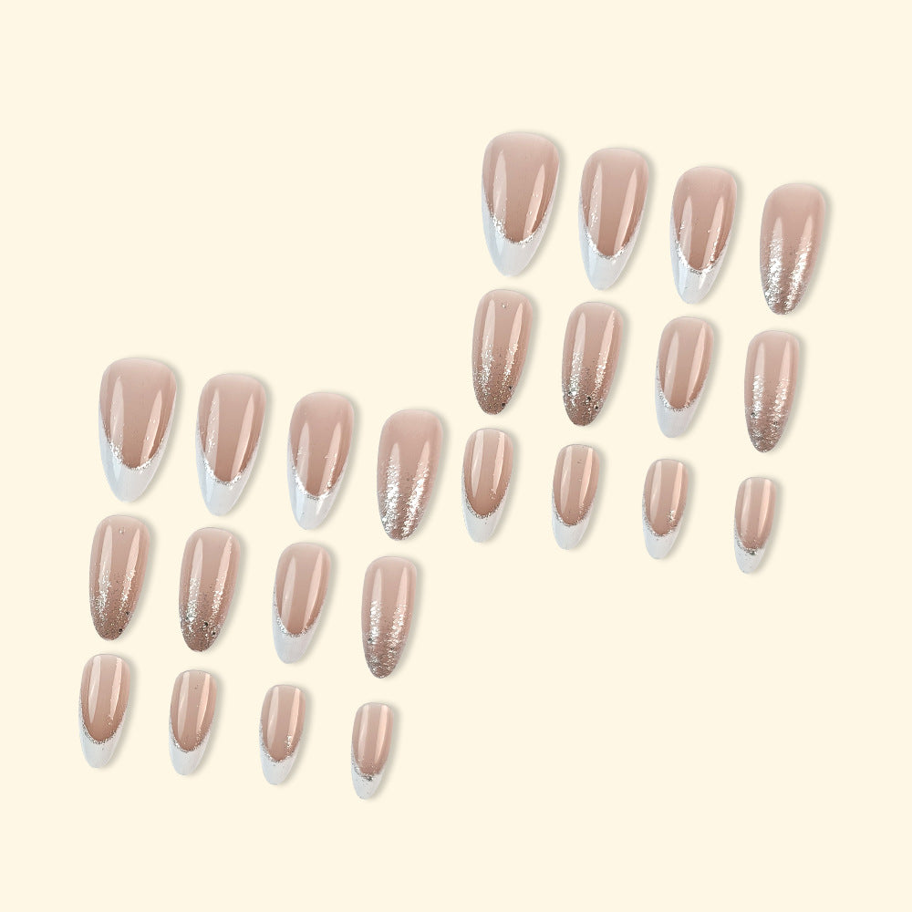 French Tip Press-On Nails with Glitter Gradient, Medium Almond Acrylic Glue-On Set