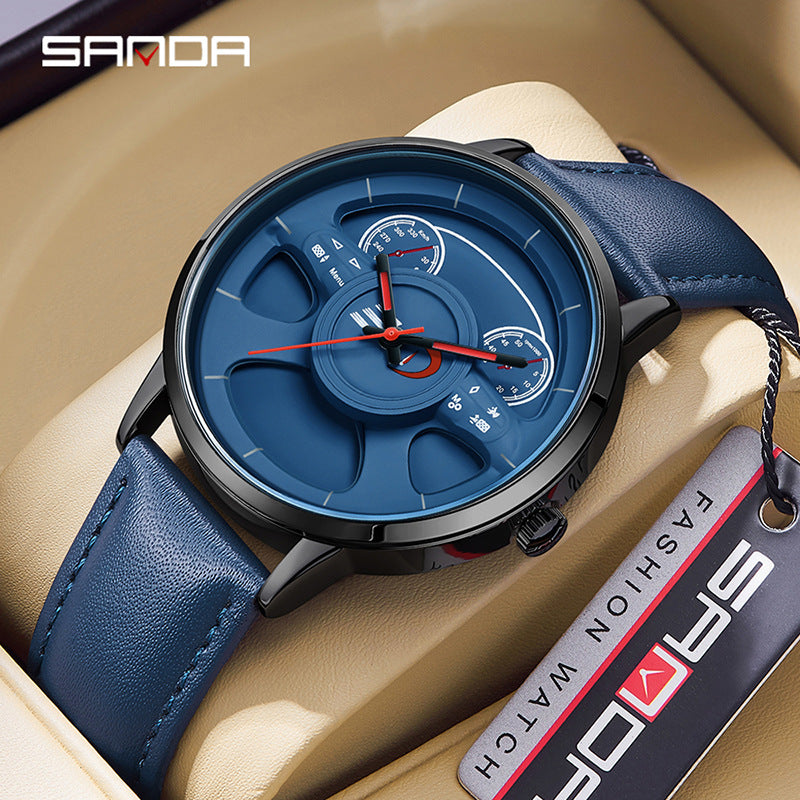 SANDA Men’s Leather Strap Quartz Watch – Car Wheel Inspired Waterproof Wristwatch