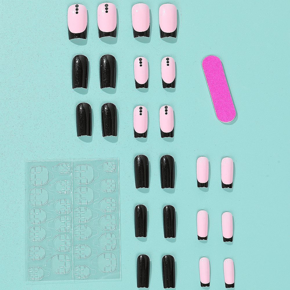 Elegant Long Square Glitter Press-on Nails – Black & Pink Acrylic with Dot Accents