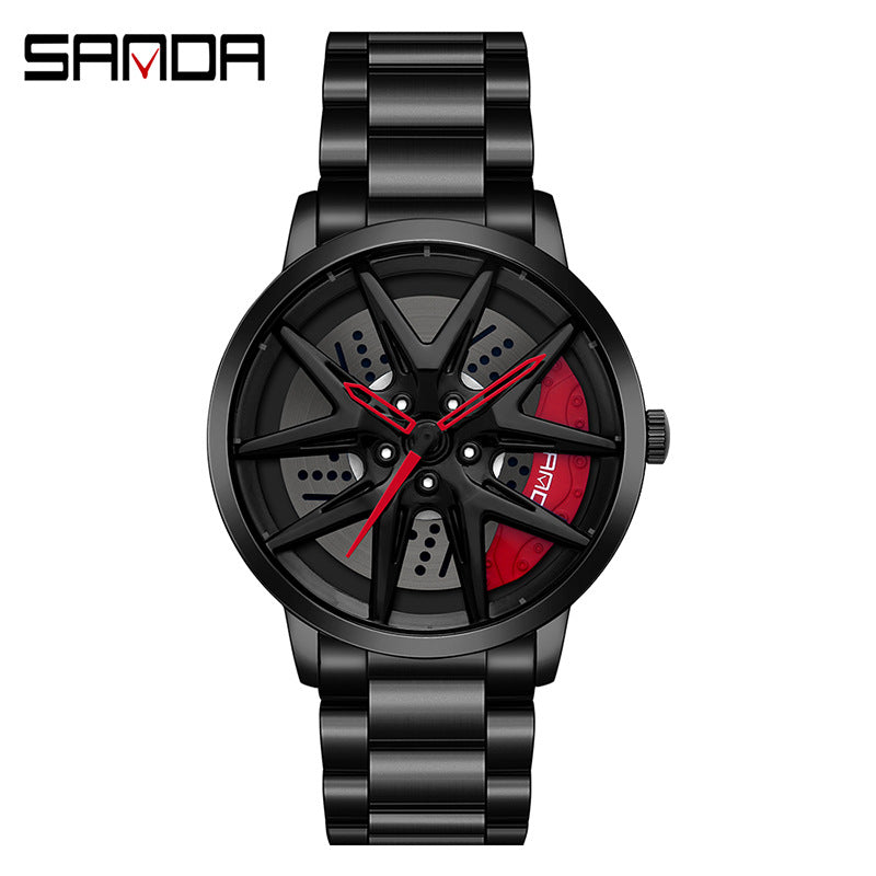 Sanda Men’s Quartz Watch – Wheel Dial, Stainless Steel Strap, Waterproof Sport Timepiece