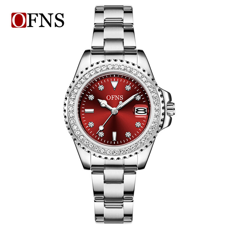 OFNS Women’s Luxury Quartz Watch – Diamond Inlaid Dial, Calendar Display, Steel Strap