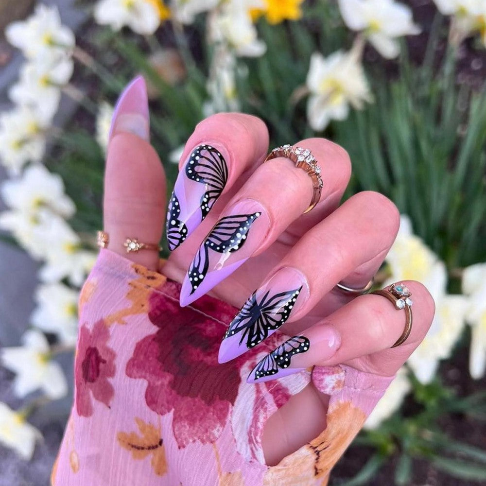 Long Stiletto Butterfly Press-On Nails – Trendy Purple Wing Design, Acrylic Glue-On Set