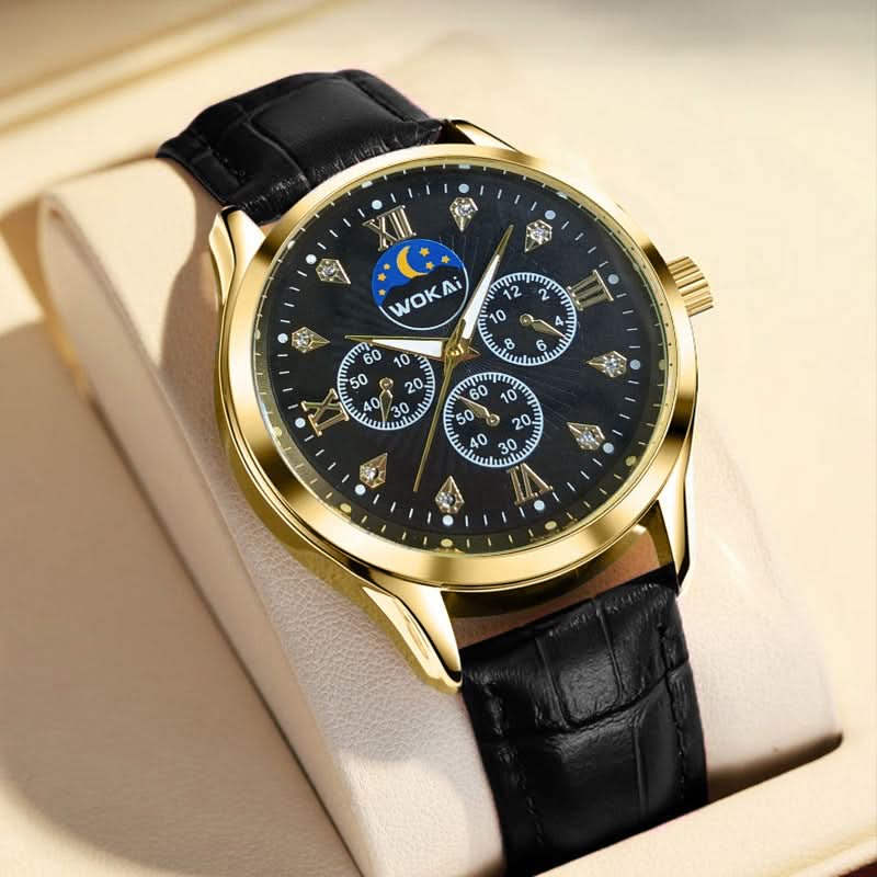 Men’s Quartz Watch-Gold Dial & Black Strap