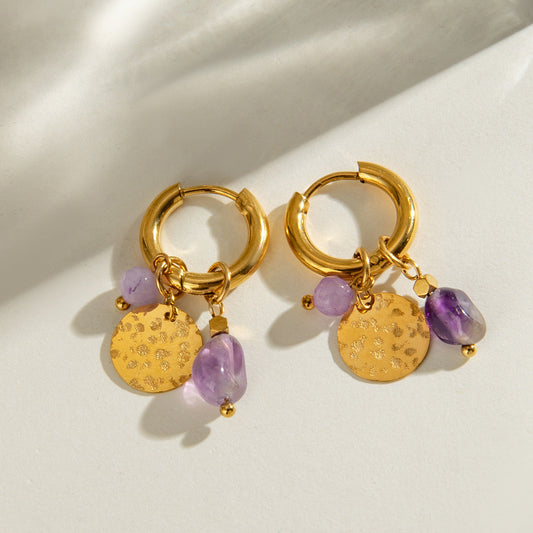 Gold Hammered Stone Earrings – Stainless Steel Geometric Jewelry for Women