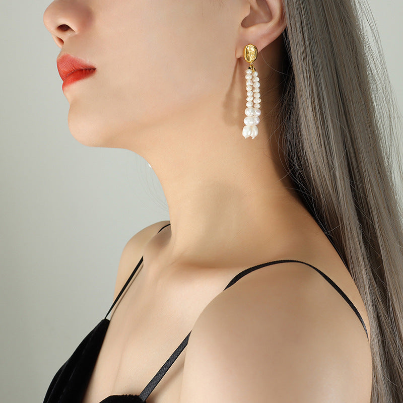 Baroque Pearl Tassel Earrings for Women – Titanium Steel, Light Luxury