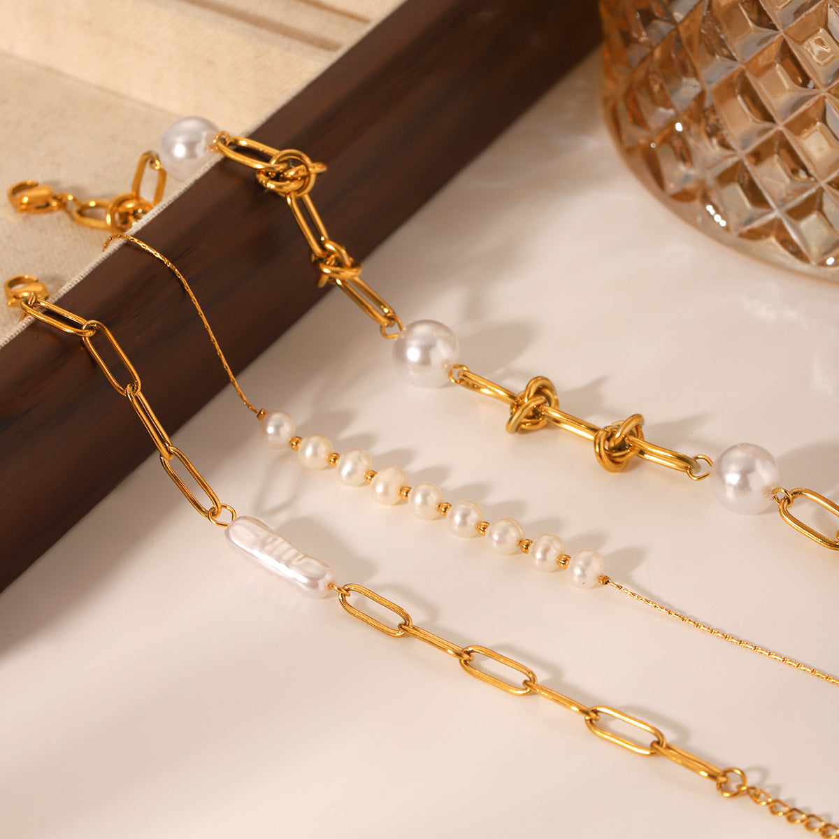 Elegant Pearl Chain Bracelet Set for Women – Gold Stainless Steel (Pack of 3)