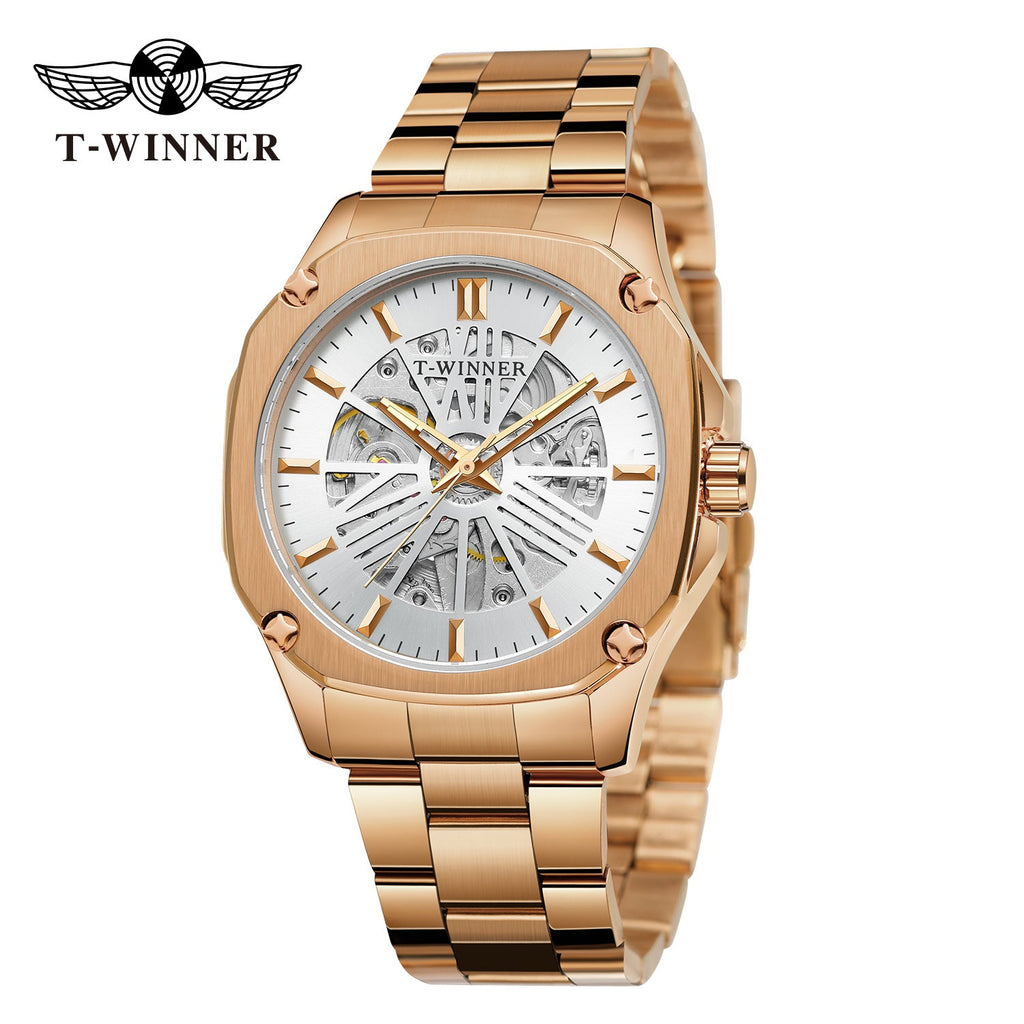 T-Winner Men’s Square Skeleton Automatic Mechanical Watch – Luminous Dial