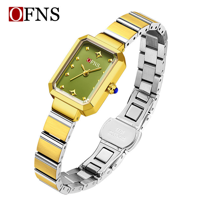OFNS Women’s Quartz Watch – Retro Rectangular Dial, Stainless Steel Strap Casual Wristwatch