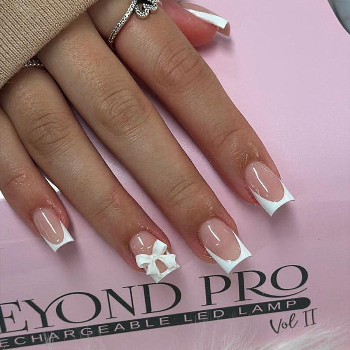 Long Square French Tip Press-On Nails – 3D Bow, Pearl & Rose Romantic Acrylic Set