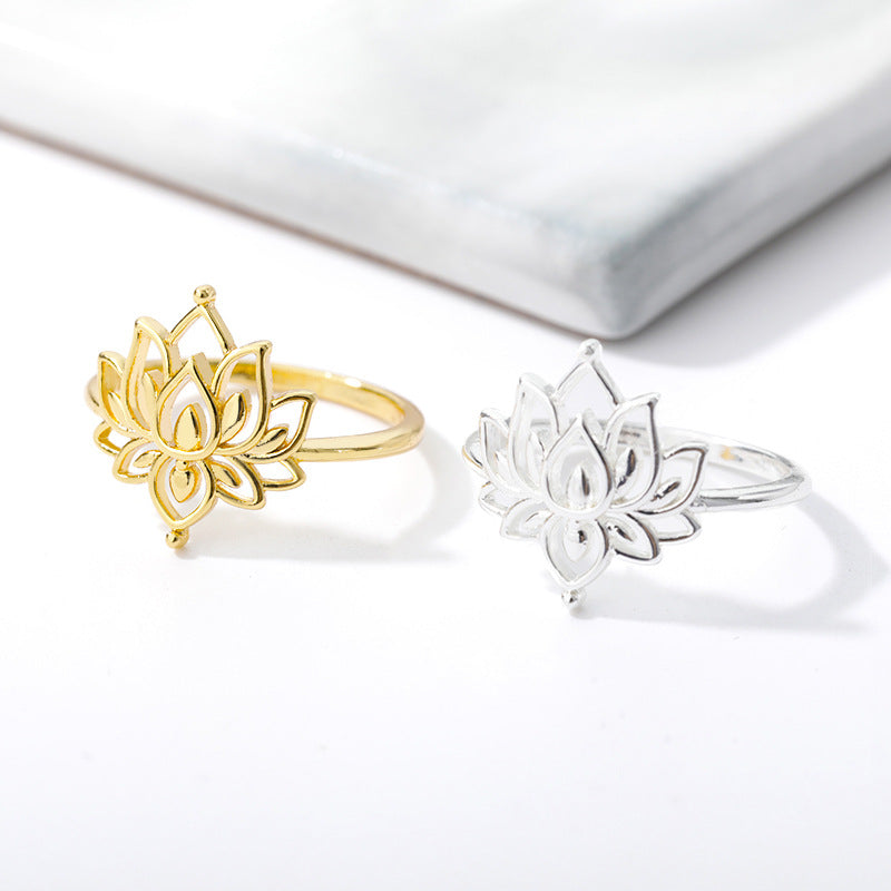Lotus Flower Ring for Women – Gold & Silver Hollow Brass Band Jewelry
