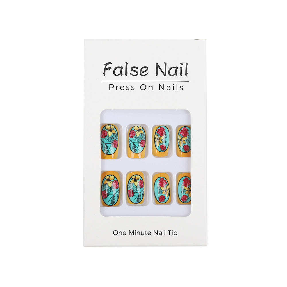 Bold Floral Square Press-On Nails – Long Acrylic False Nails with Yellow & Teal Design
