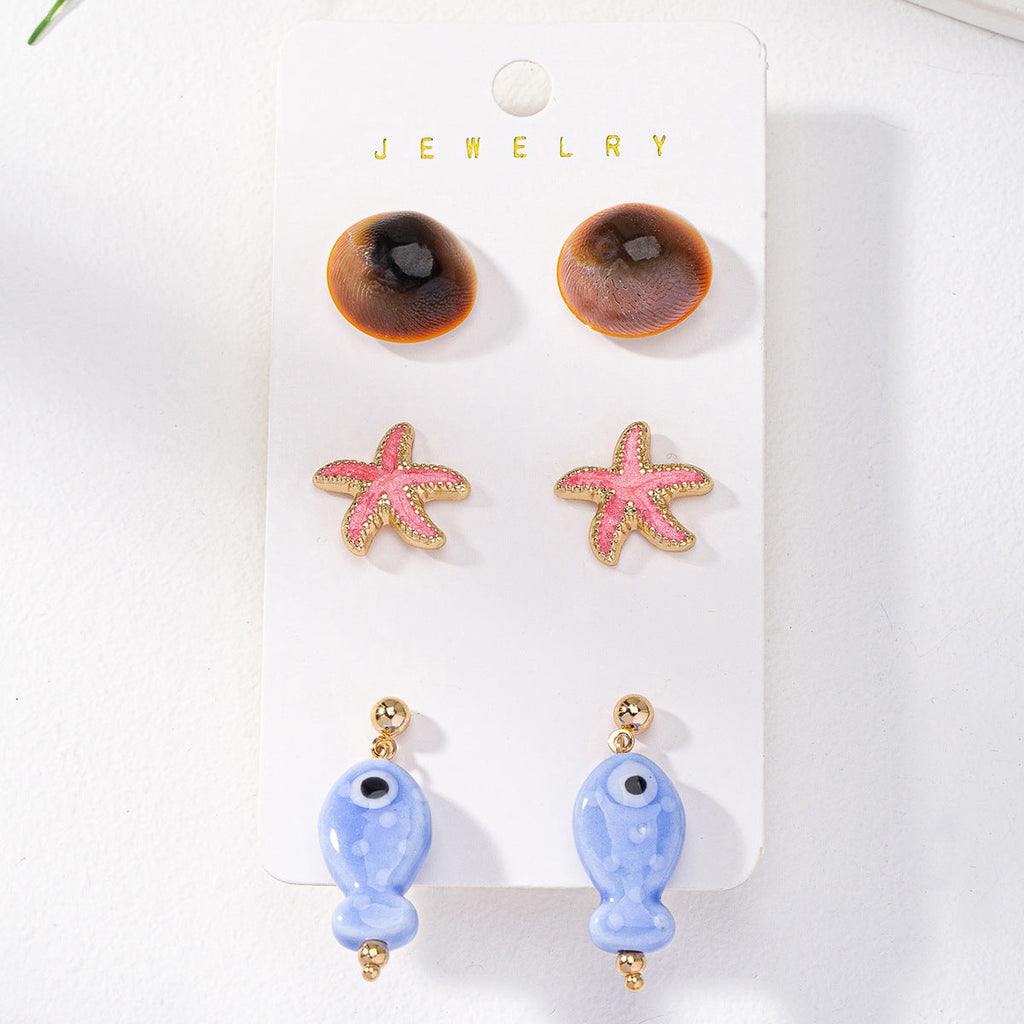 Women’s Ocean Earrings Set – Seashell, Starfish & Fish Holiday Jewelry (3 Pairs)