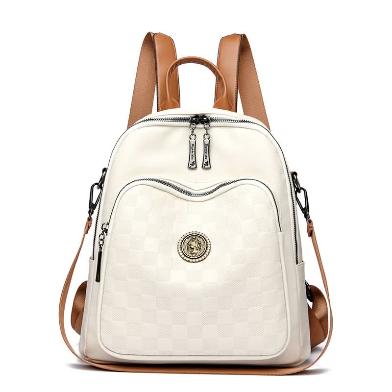 Women's Checkerboard PU Leather Backpack – With Multi-Pocket Design