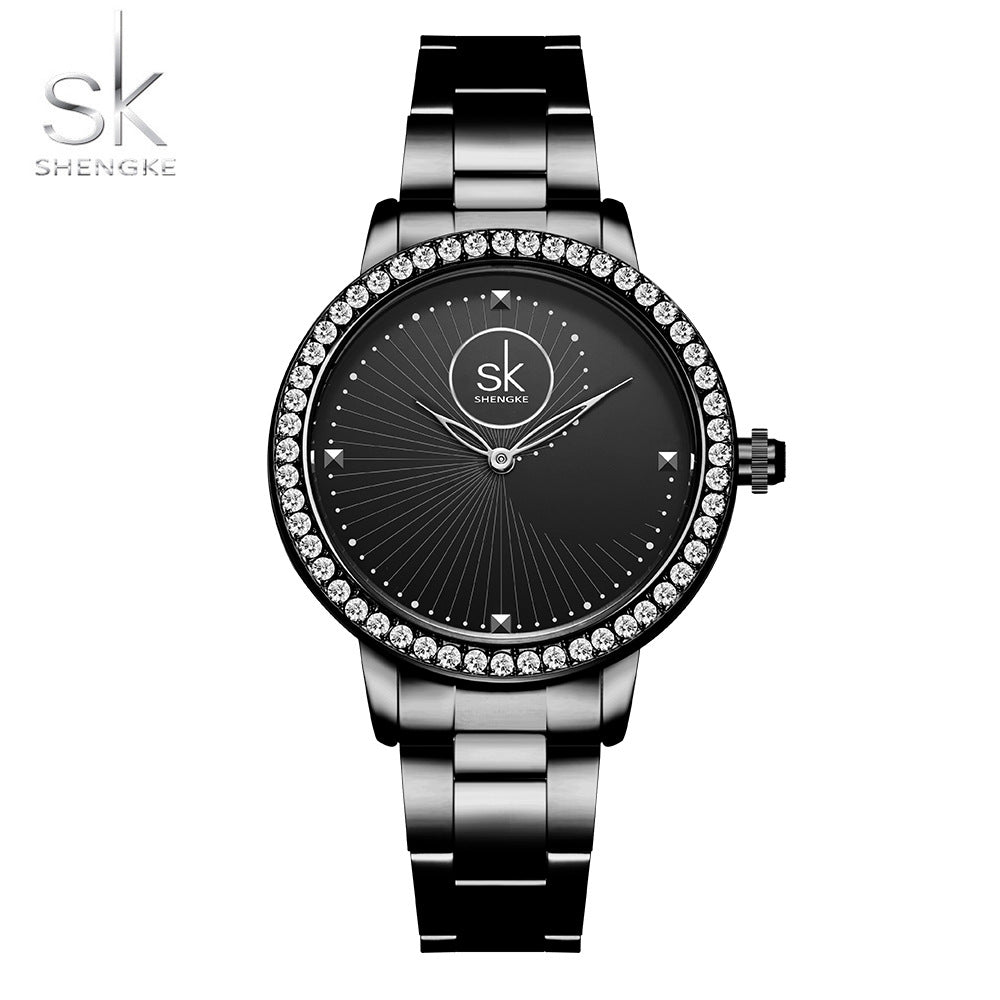 SK Women’s Quartz Watch – Diamond Frame Business Wristwatch with Stainless Steel Band