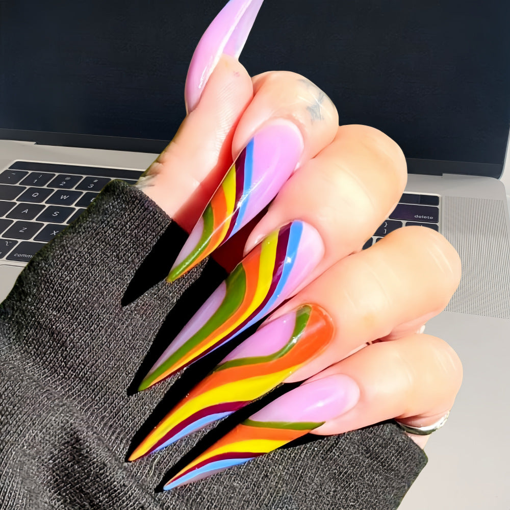 Dreamy Rainbow Stiletto Press-On Nails – Long Colorful Swirl Almond Tips