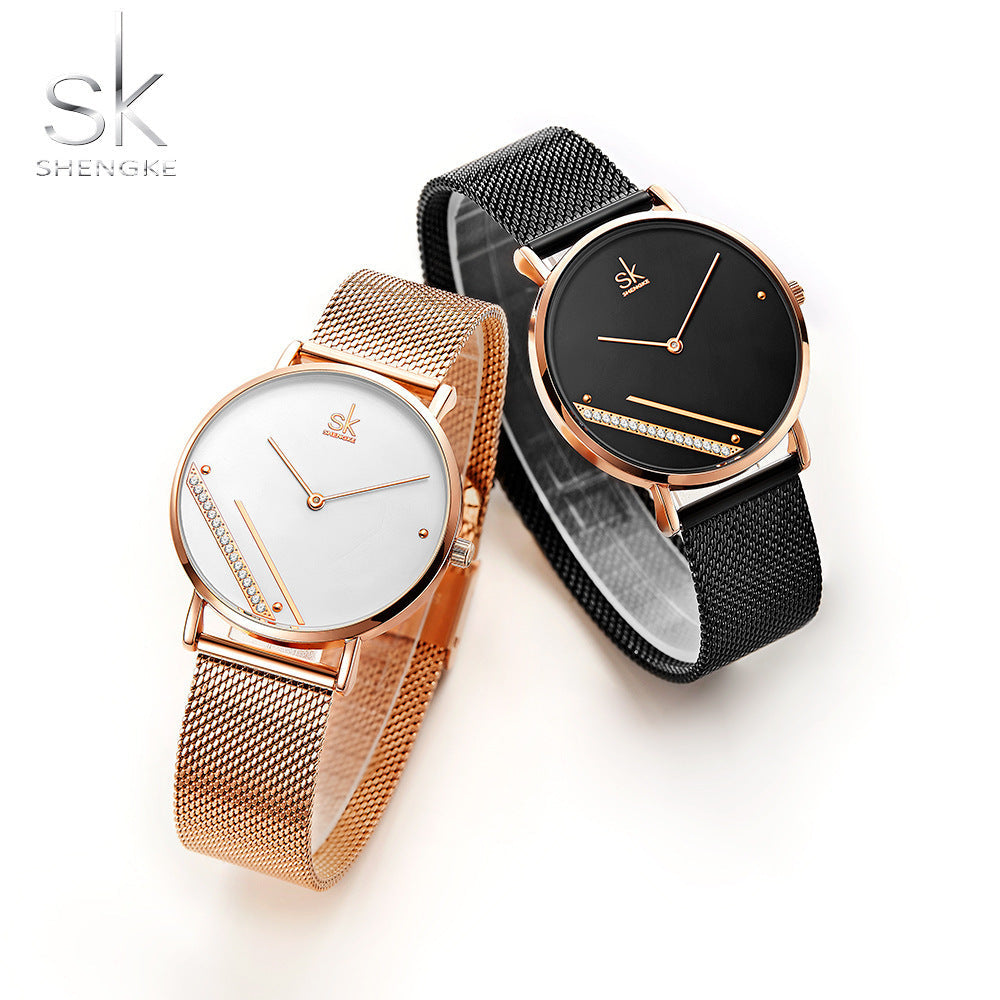 SK Women’s Quartz Watch – Classic Design with Stainless Steel Mesh Strap, Waterproof