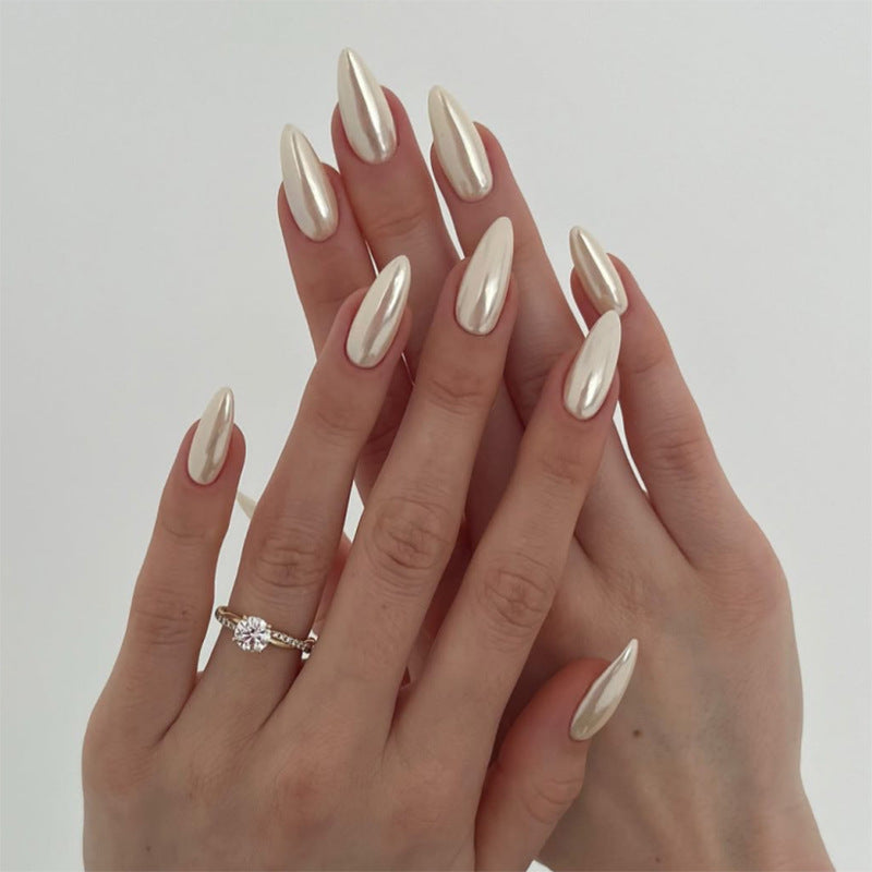Pearl White Chrome Press-On Nails – Long Almond Glossy Acrylic Set