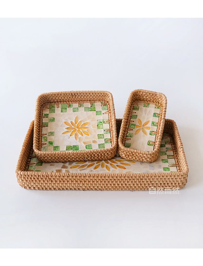 Natural Rattan Shell Tray Set - 3-Piece Square Fruit & Snack Storage