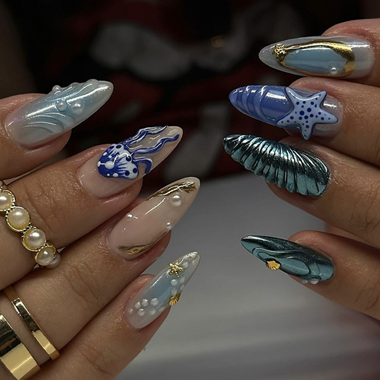 3D Ocean-Themed Press-On Nails – Sea Shell & Pearl Design Acrylic Nail Set