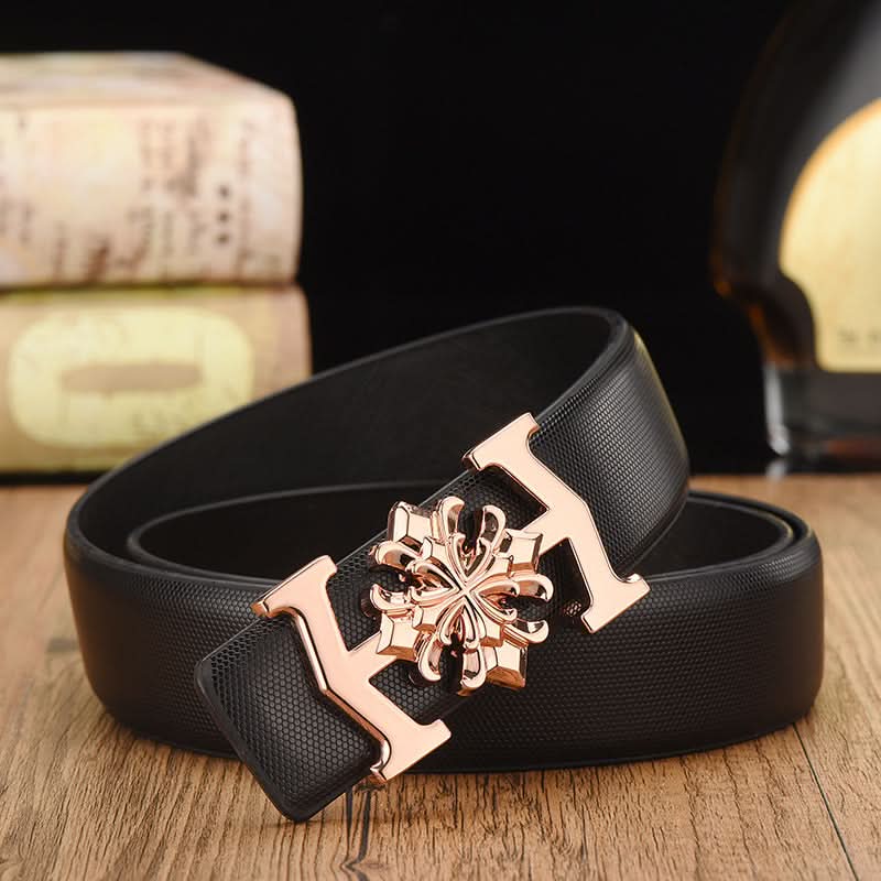 Elegant Men’s Leather Belt with Flower Buckle