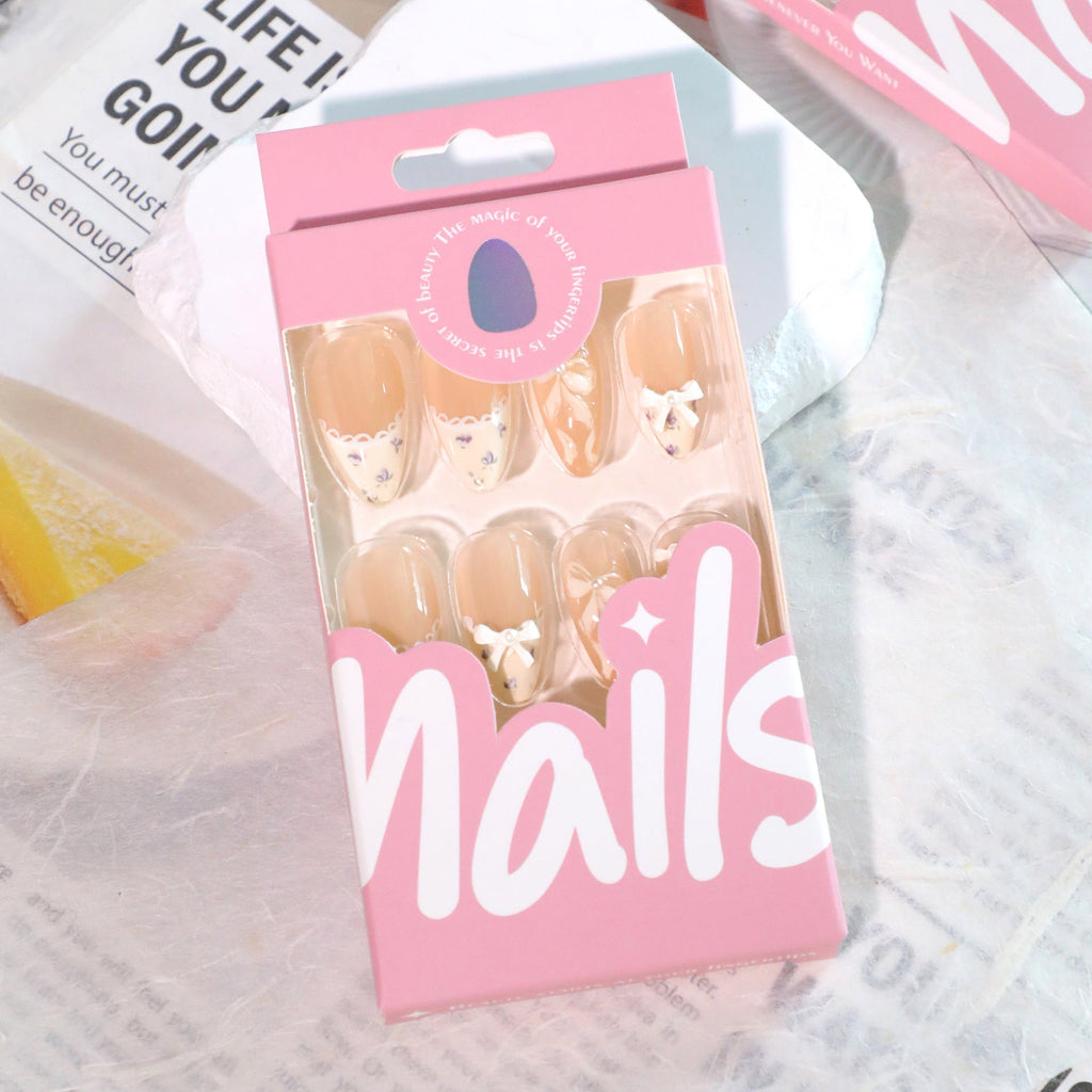 Nude White French Tip Almond Nails with Bow & Rhinestone Accents – Press-On Nail Art