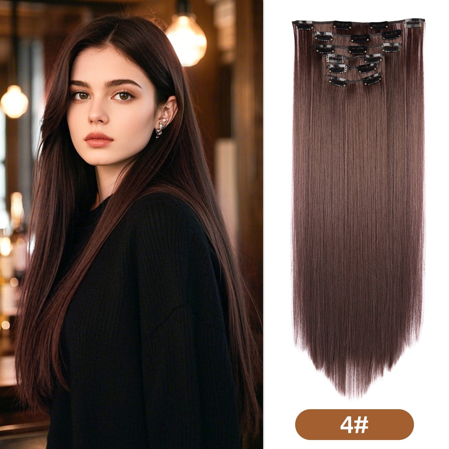 6-Piece Clip-In Straight Hair Extensions – Long Synthetic Fiber Wig Set for Women - 22 inches