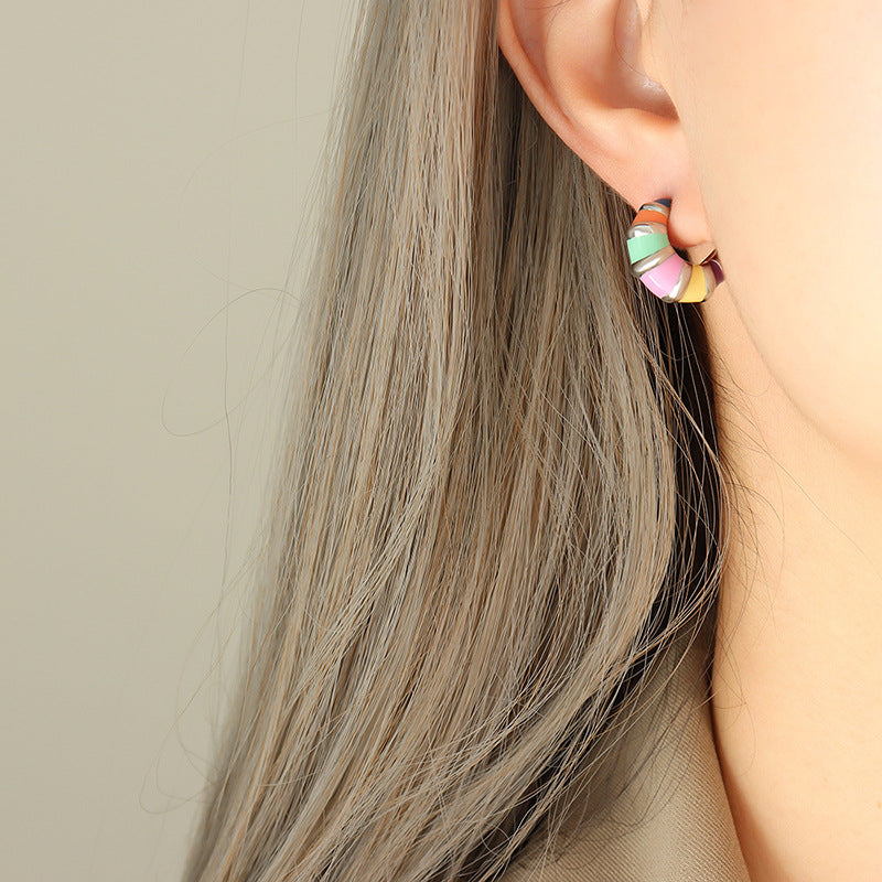 Retro Striped Enamel Earrings for Women – Non-Fading Titanium Steel Jewelry