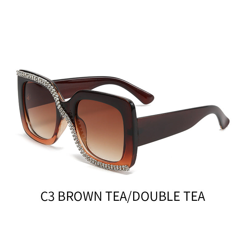 Women’s Oversized Box Sunglasses – UV400 Light-Tinted Fashion Shades with Rhinestones
