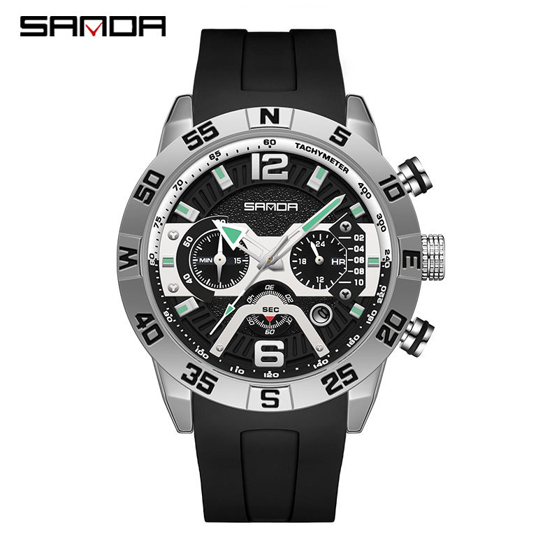 SANDA Men’s Silicone Quartz Watch – Three-Eye Six-Needle Waterproof Fashion Timepiece