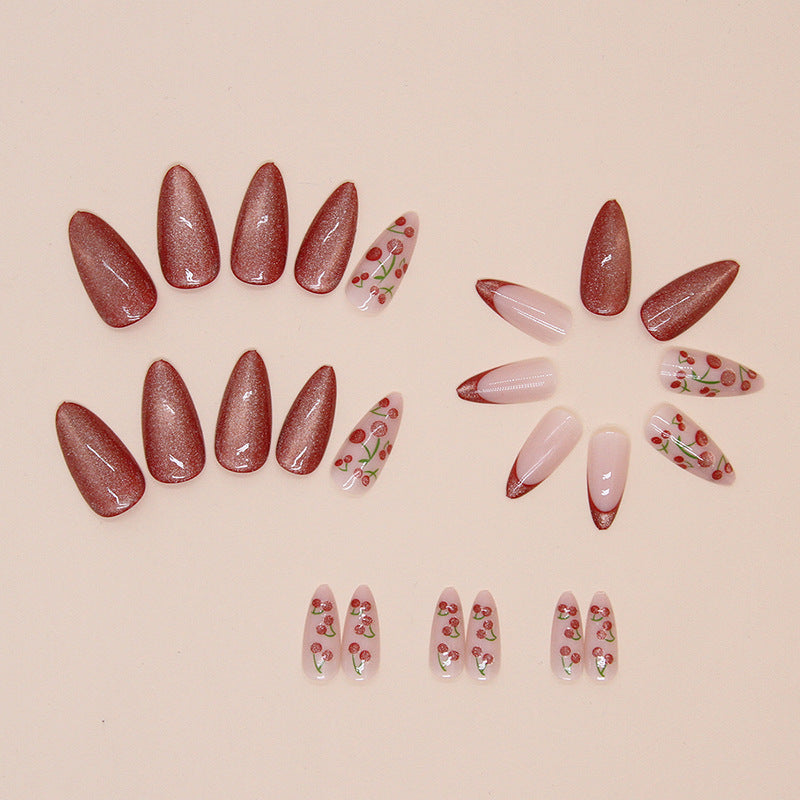 Cherry Red Cat Eye False Nails – Almond Shape, Wearable French Tips
