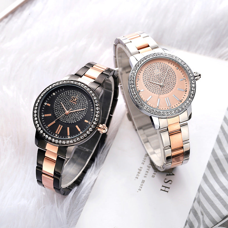 SK Luxury Women’s Quartz Watch – Diamond Accent Steel Strap Waterproof Wristwatch
