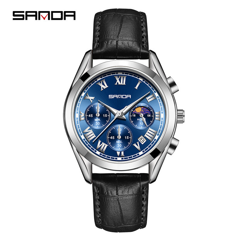 Sanda Men’s Leather Quartz Watch – Waterproof Business Watch with Moon Phase & Calendar