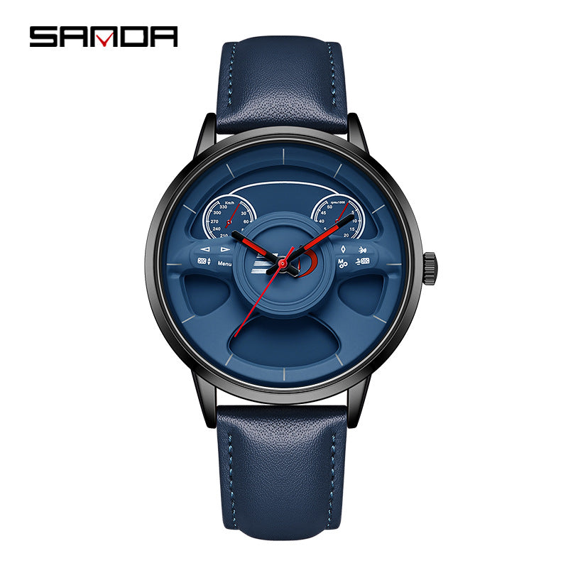 SANDA Men’s Leather Strap Quartz Watch – Car Wheel Inspired Waterproof Wristwatch
