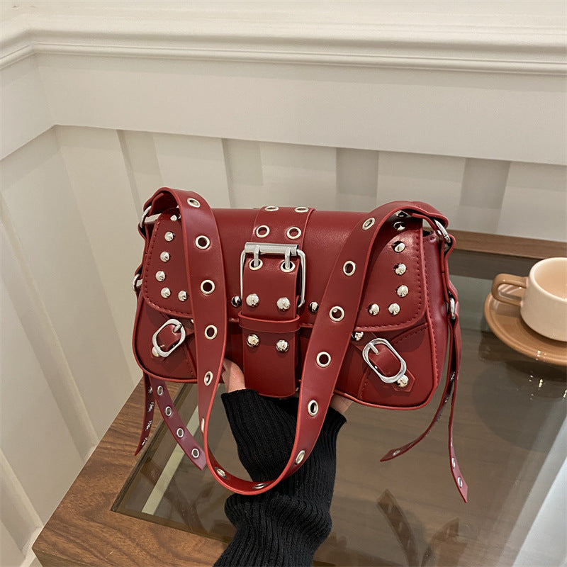 Women’s Rivet Baguette Bag – PU Leather Motorcycle Shoulder Street Style Handbag