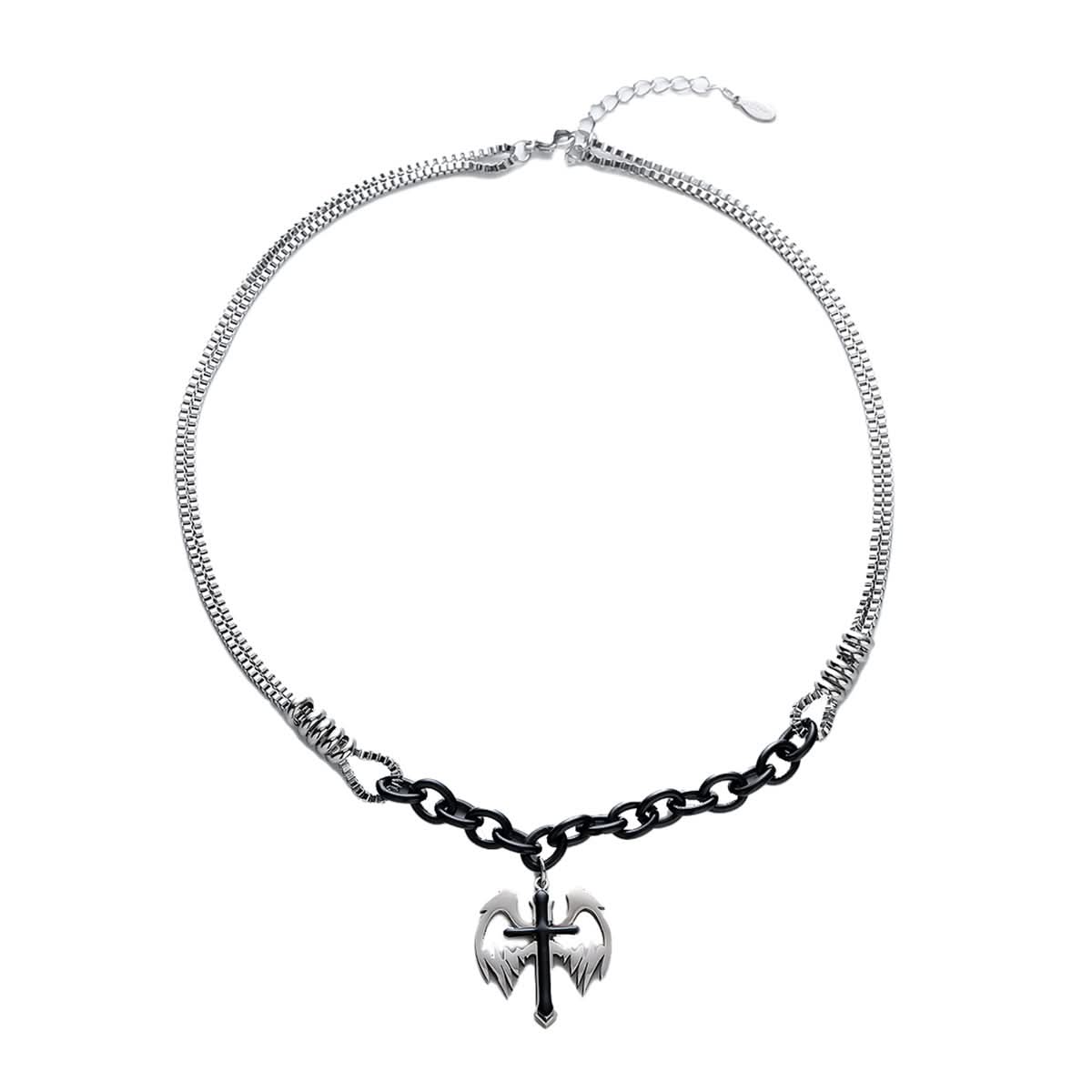 Men’s Feather Cross Double-Layer Necklace – Hip-Hop Style