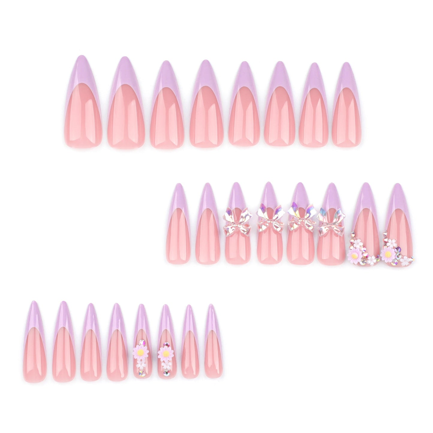 Extra Long Stiletto Press-On Nails – Pink French Tip with 3D Bows & Floral Accents