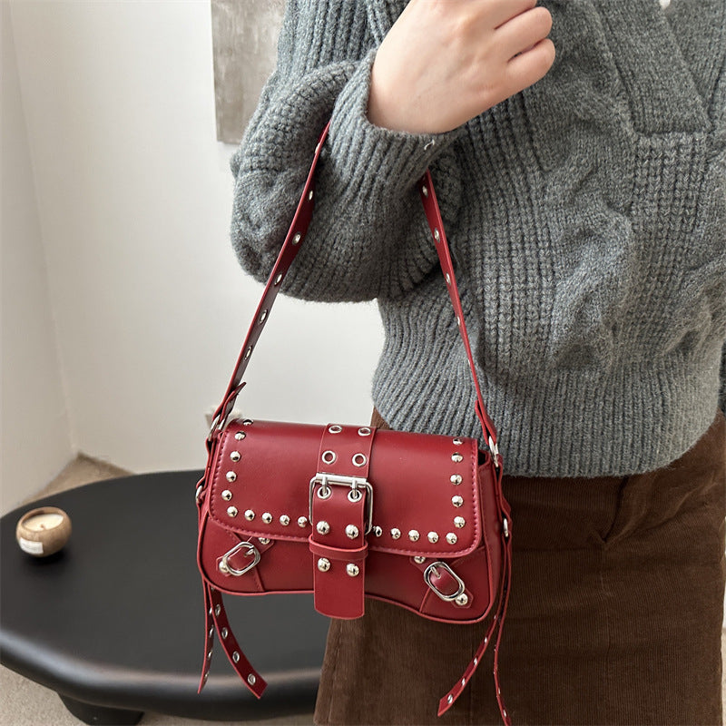 Women’s Rivet Baguette Bag – PU Leather Motorcycle Shoulder Street Style Handbag