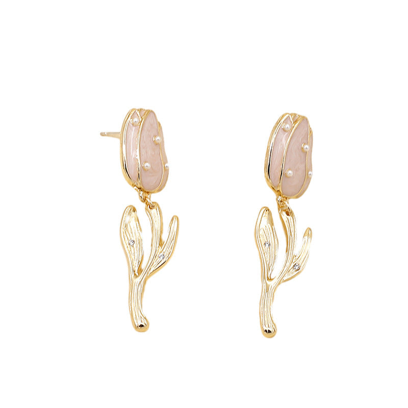 Women’s Retro Tulip Pearl Earrings – Alloy Diamond Drop Jewelry