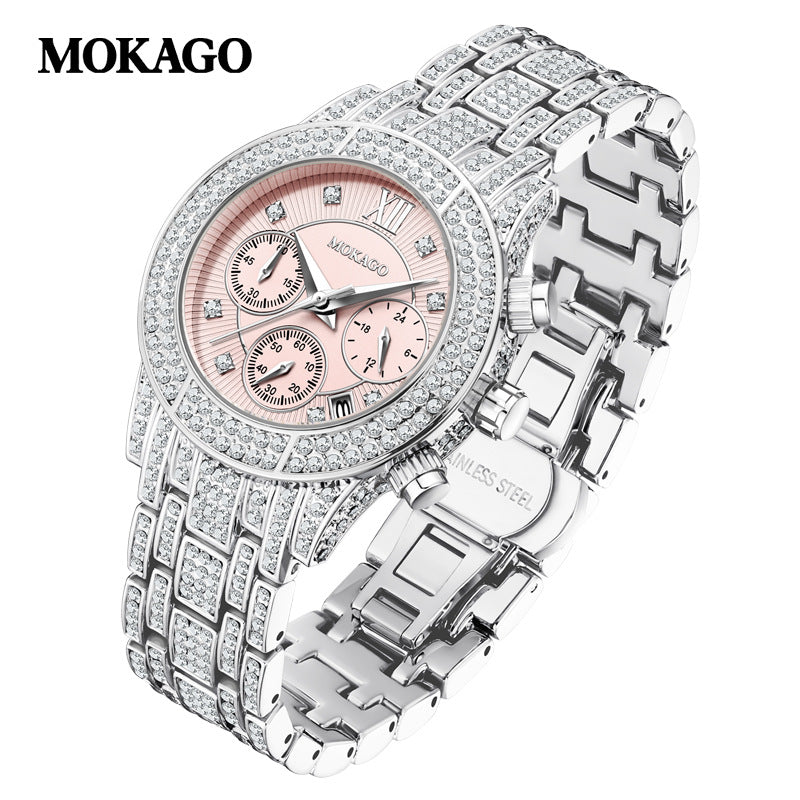 MOKAGO Women’s Luxury Diamond Quartz Watch – Calendar Display, Alloy Strap
